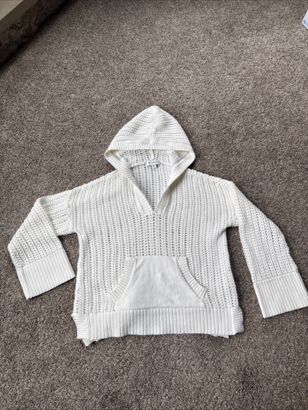 Free Assembly Women's Medium White Hooded Knit Sweater V Neck Pocket EUC